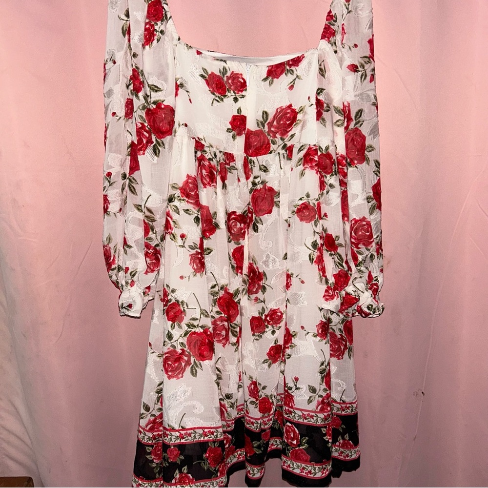 Blue Rain Red Floral Long Sleeve Dress